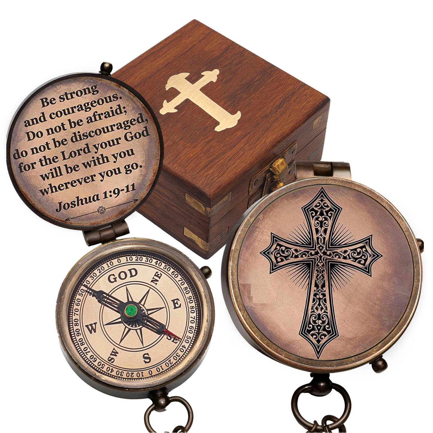 Baptism Gift Personalized Keepsake Compass Engraved Cross and Be Strong and Courageous, Confirmation Gift Ideas, Gift of Faith. Missionary (Antique with Wooden Box)