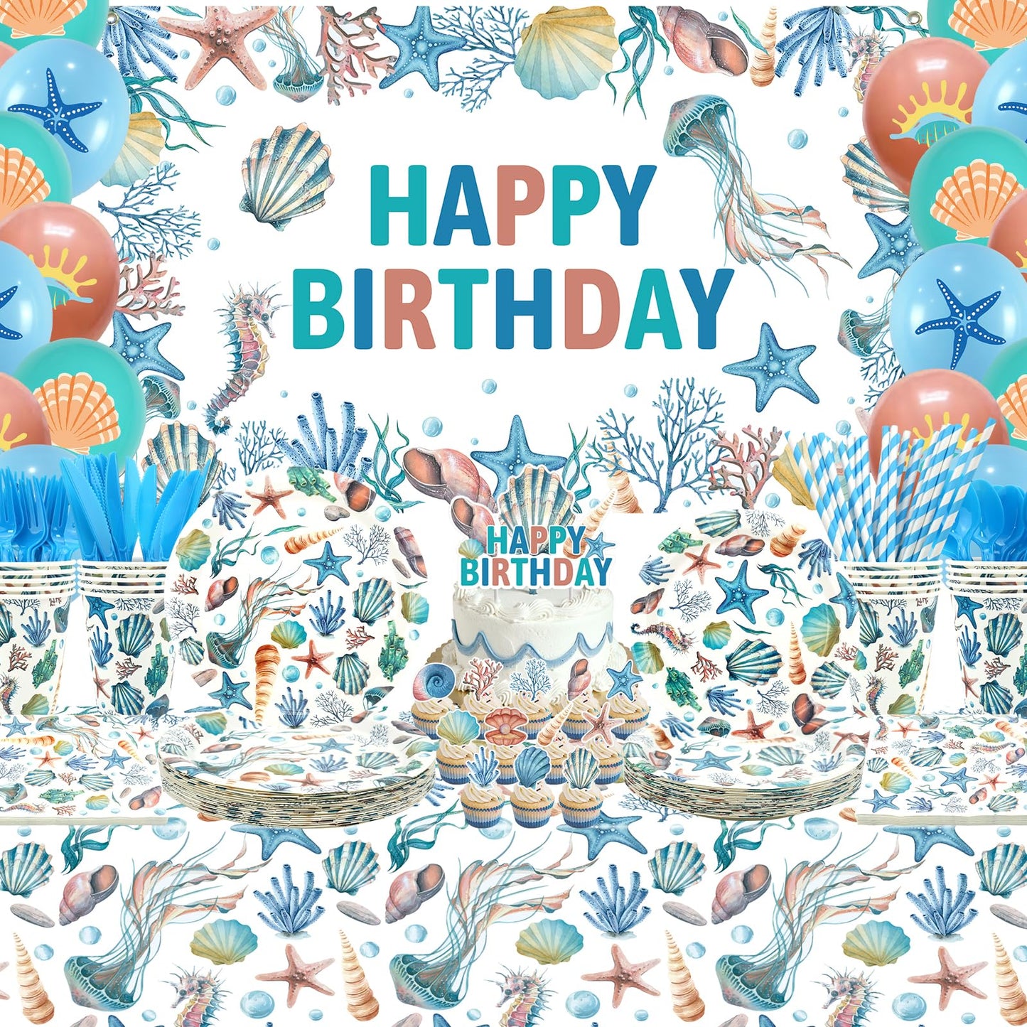 Obussgar Shells Birthday Party Decorations - Shells Party Supplies including Backdrop, Plate, Cake Topper, Cup, Napkin, Balloon, Tablecloth - Serves 20