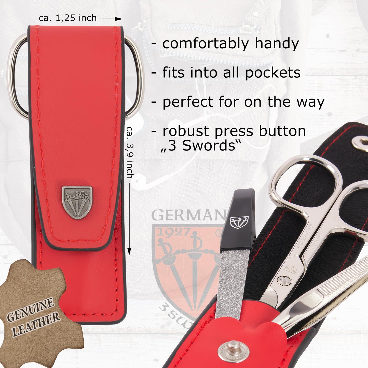 3 Swords Germany - brand quality 3 piece manicure pedicure grooming kit set for professional finger & toe nail care scissors file genuine leather case in gift box, Made in Solingen Germany (03737)