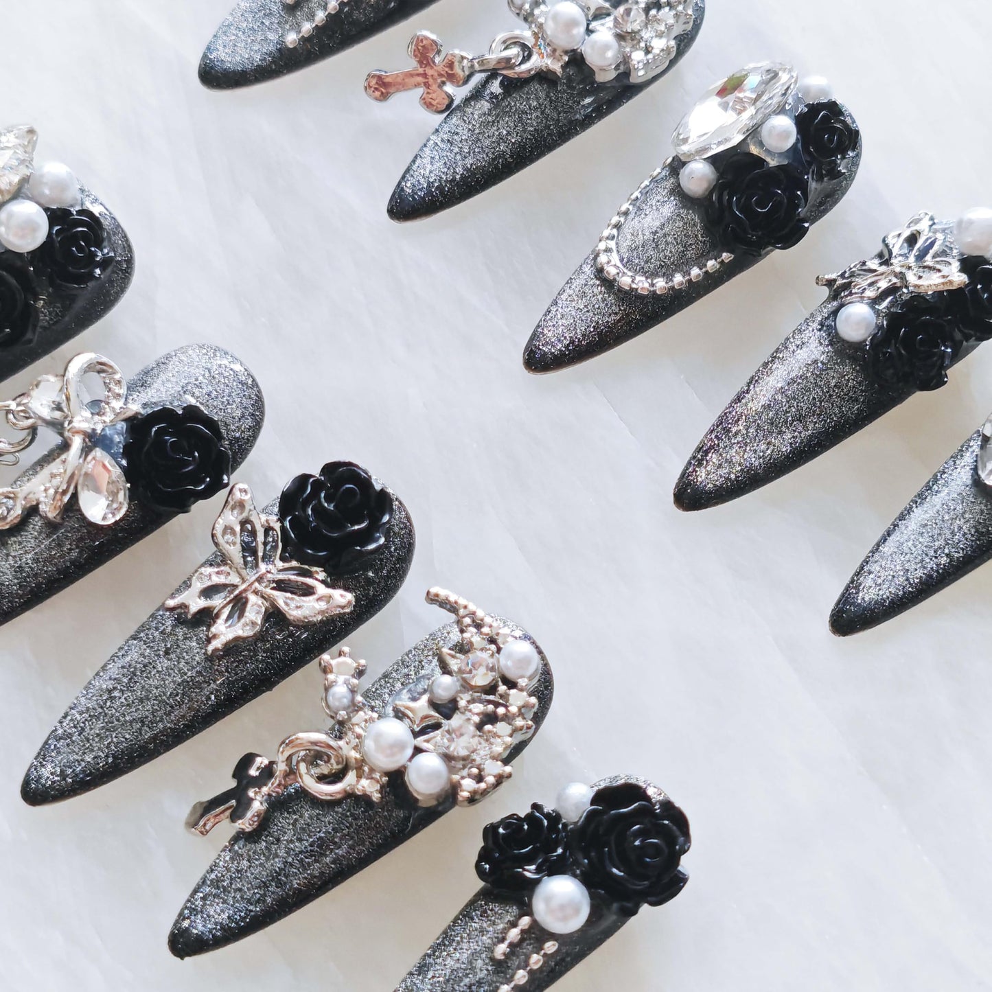 GLORS Luxury Long Stiletto Press-On Nails, 3D Black Roses with Silver Glitter, Pearl and Rhinestone Decorations, Handmade False Nail 10 Pieces (Medium, LS)