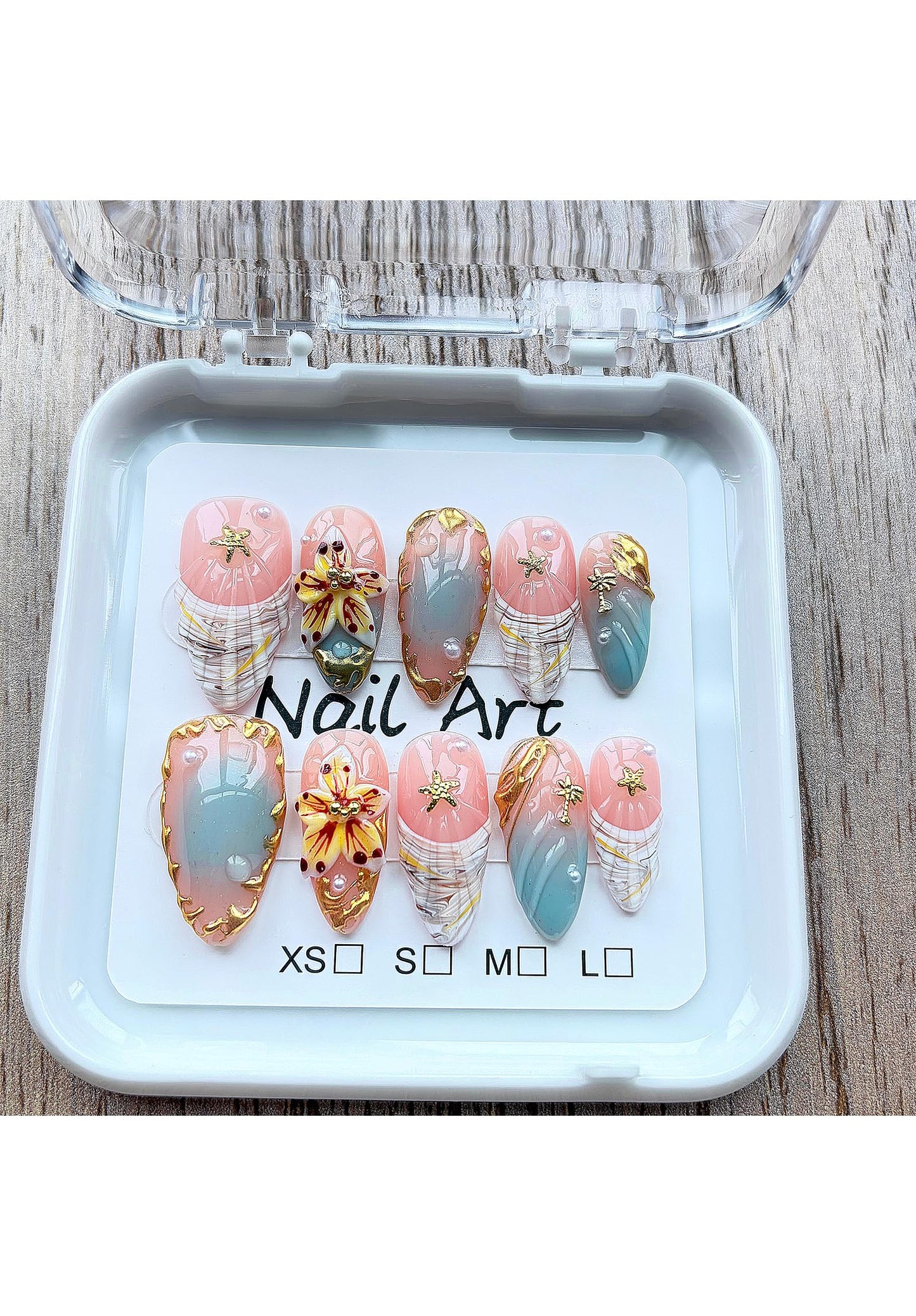 Threelegscat Press on Nails Medium Almond Nude Gradient 3D Flower & Starfish Handmade Reusable Fake Nails for Mother Gift & Daily Size M 10 PCS