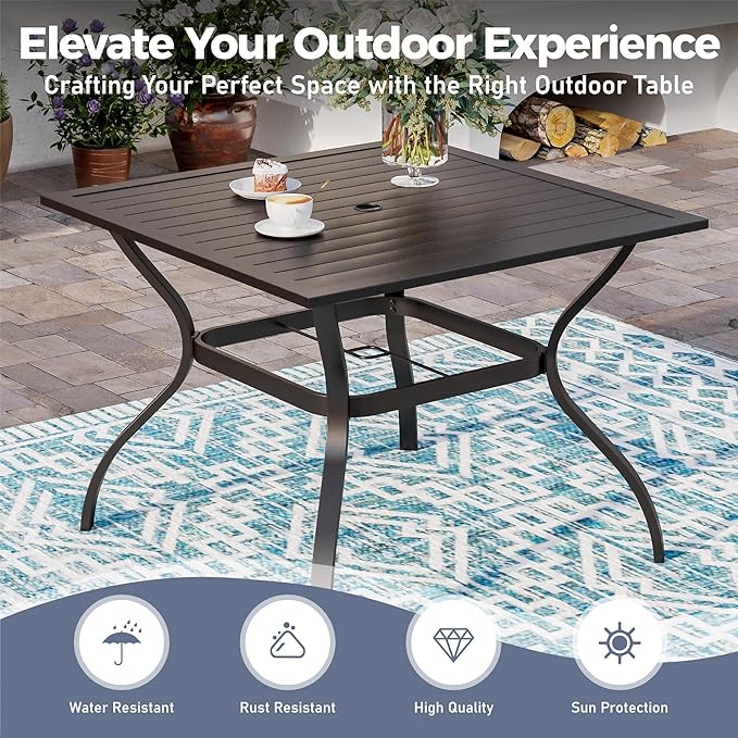 5 Piece Patio Dining Set for 4, 37”x37” Square Table with Umbrella Hole, 4 Metal Red Chairs, Outdoor Table and Chairs Set for Lawn Backyard and Deck