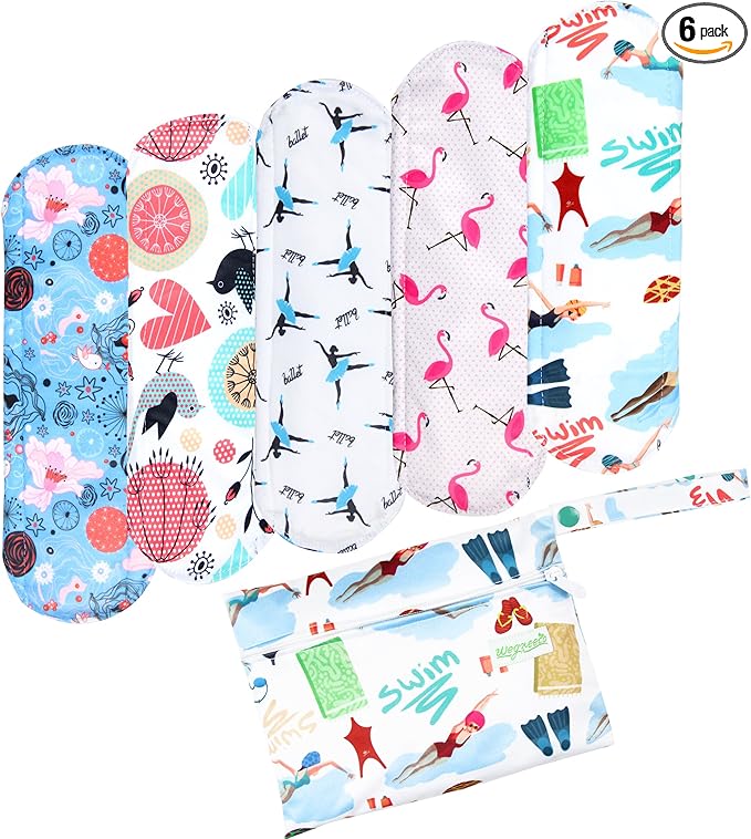 wegreeco Charcoal Reusable Menstrual Pads for Women - Reusable Sanitary Pads | Reusable Panty Liners | Soft Cloth Menstrual Pads - 5 Pack, 1 Cloth Wet Bag (Large, Dynamic)