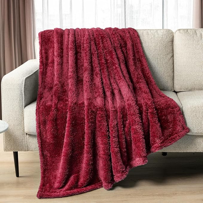 PAVILIA Sherpa Throw Blanket for Couch Sofa, Wine Red Fluffy Warm Plush Blanket for Bed, Cozy Super Soft Lightweight Throw, Fuzzy Decorative Blanket, All Season Home, 50x60