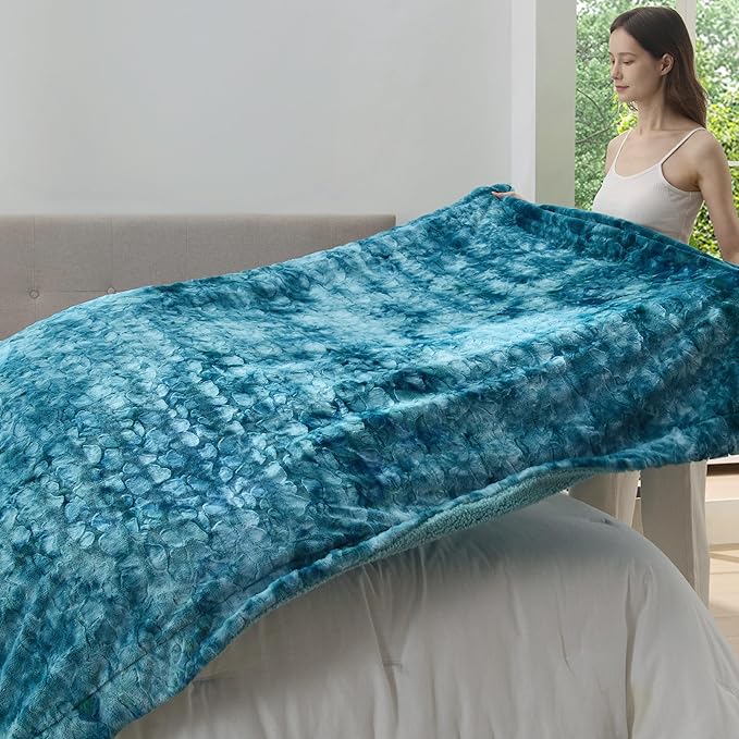 Bedsure Sherpa Blanket King Size - Soft, Fuzzy & Fluffy Faux Fur - Warm, Cozy Blanket for Couch, Sofa and Bed, Tie Dye Design, Teal,108x90 Inches
