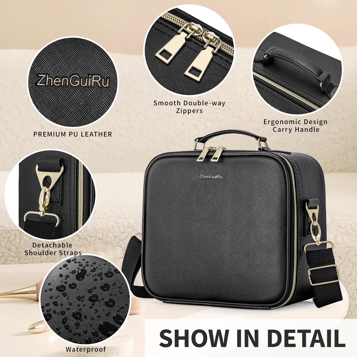 Gdsshuhung LED Makeup Bag with Mirror, Lighted Cosmetic Case with Natural Light, Adjustable Brightness and Soft Lighting, Travel Organizer with Compartments for Women(Black)
