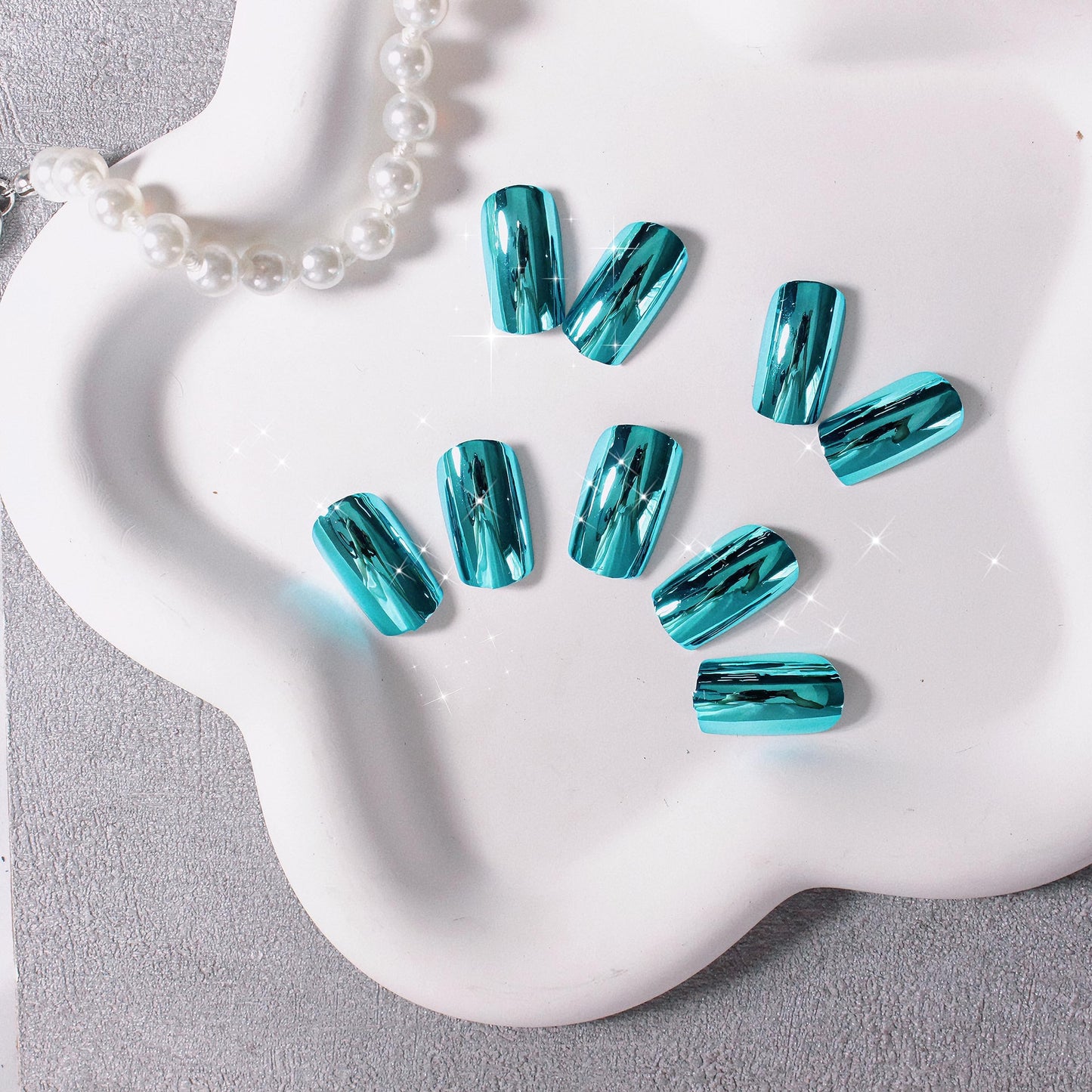 Teal Blue Chrome Square Press on Nails Short Medium,KQueenest Mirror Metal Plating False Acrylic Nails Press Ons,Metallic Fake Nails,Natural Fit Glue on Nails Medium Length in 24 PCS