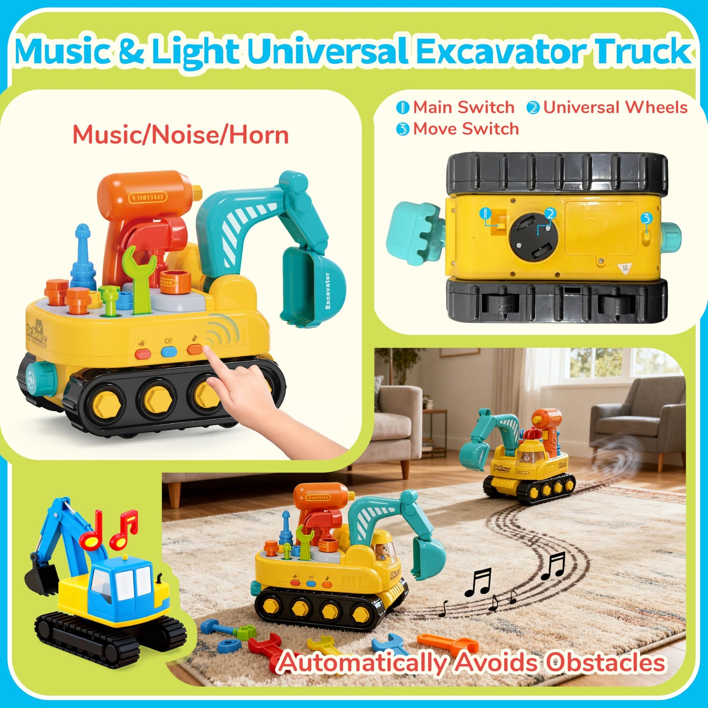 Lechonix Toddler Tool Set—Excavator Take Apart Toys with Electric Drill & Screwdriver & Wrench, Montessori STEM Learning Pretend Construction Toy for 1-6 Years Old Kids Birthday Gift, Musical & Light