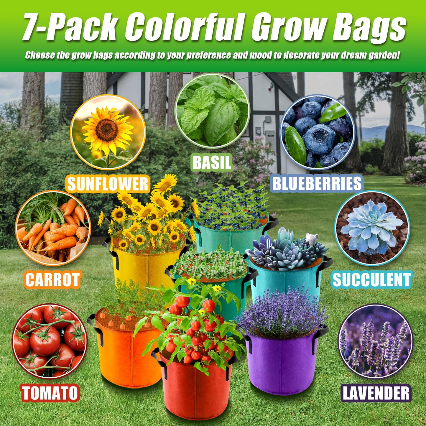 Sinimaka 7 Gallon Grow Bags, 7 Pack Colorful Fabric Plant Pots with Handles for Garden and Outdoor Planting