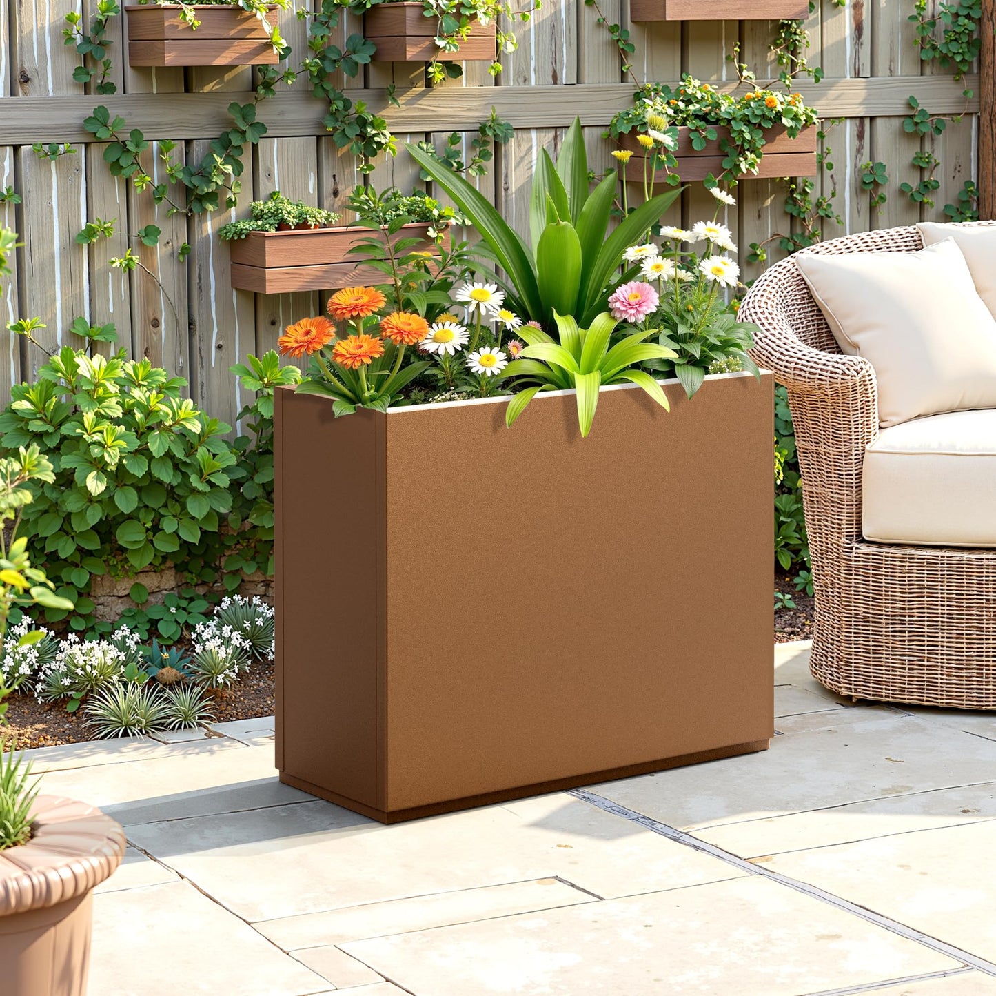 FENCY Metal Planter Box, Large Rectangular Planters for Outdoor Plants, Outdoor Tall Planters with Drainage Holes, Brown Metal Planters (30" L x 12" W x 24" H)