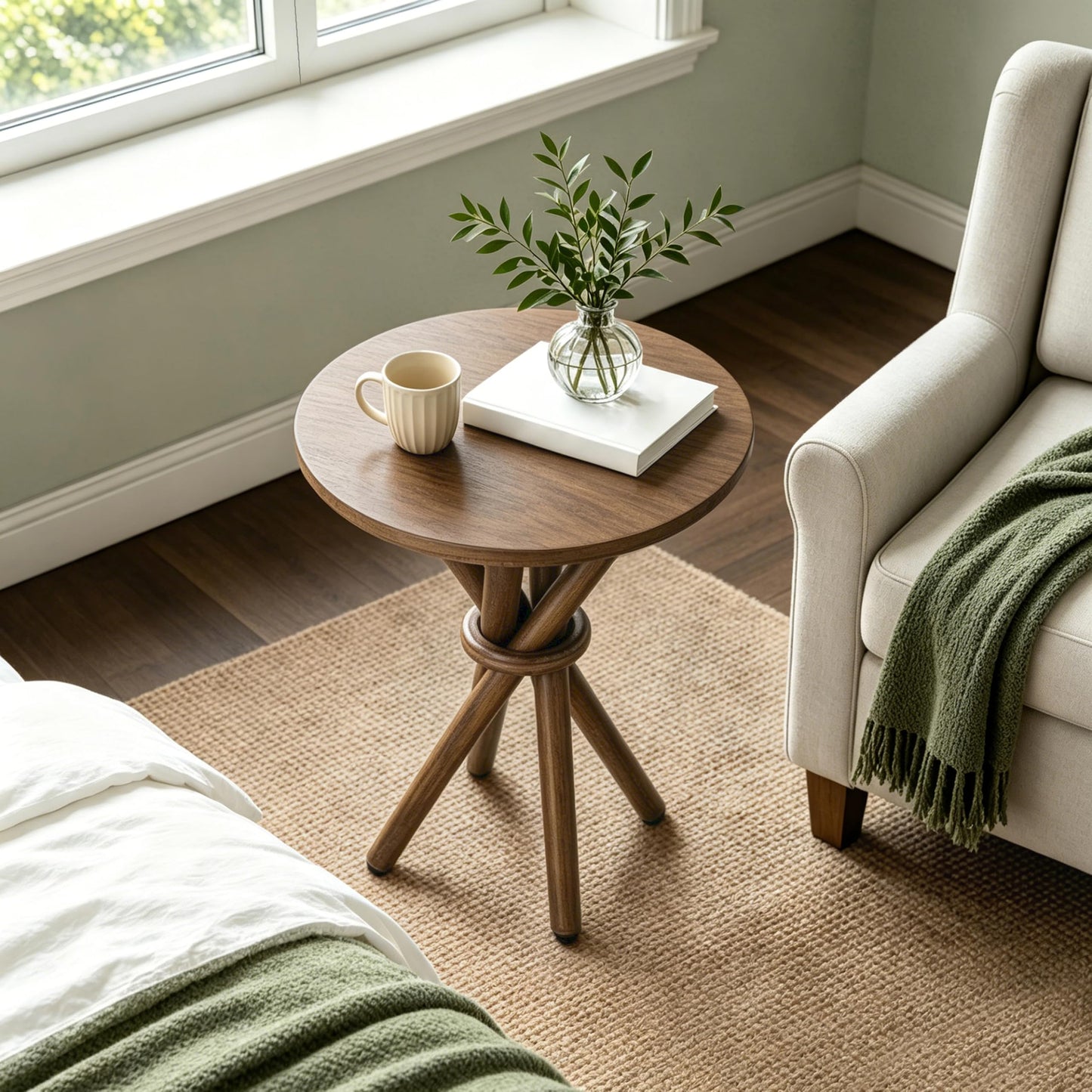 COZAYH Round Wood End Table Farmhouse Wooden Side Table Rustic Plant Stand with Bundled Legs for Living Room, Office, Walnut