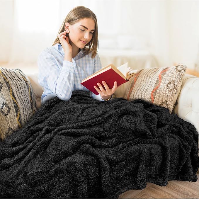 PAVILIA Sherpa Throw Blanket for Couch Sofa, Black Fluffy Warm Plush Blanket for Twin Bed, Cozy Super Soft Lightweight Throw, Fuzzy Decorative Blanket, All Season Home, 60x80