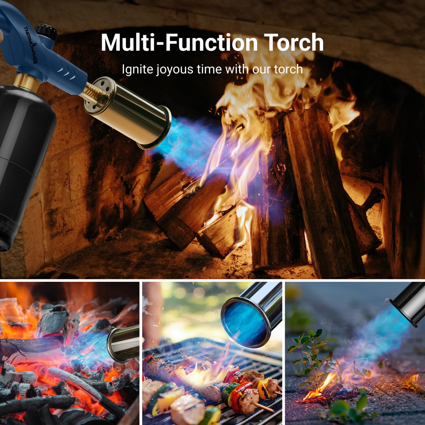 ThermoMaven Powerful Propane Torch, Kitchen Culinary Cooking Torch Lighter, Adjustable Blow Torch for Sous Vide Searing Steak, BBQ, Campfire Charcoal Starter, Gas Welding Kit, Blue (Tank Not Included)