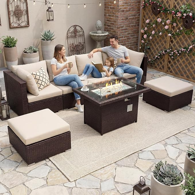 NICESOUL 7 Piece Outdoor Patio Sectional Furniture Set with Fire Pit Natural Gas/Propane, Large Size Comfortable Conversation Sets, 29.3'' High Back Deep Seat Sofa, Brown Rattan and Beige Cushion