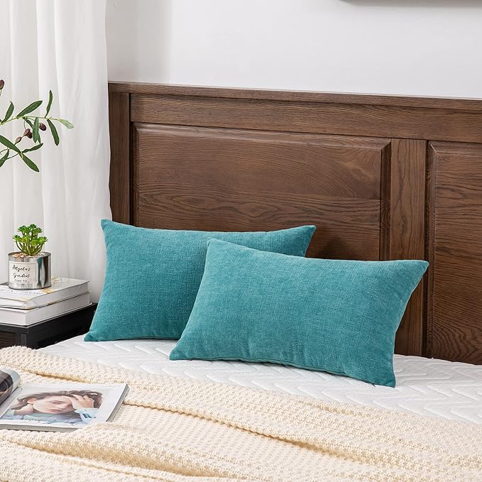 GAWAMAY Decorative Rectangle Throw Pillow Covers 12"x20" Inch Set of 2, Soft Chenille Lumbar Support Pillow Fall Pillowcase for Living Room Bedroom Sofa Couch Cushion Cover Teal 30x50cm (NO Inserts)