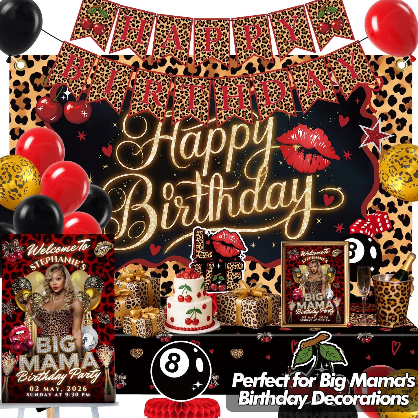 Red Black Cheetah Print Cherry Birthday Decorations Kit - Leopard Birthday Party Decor with Pre-Strung Banner Backdrop Tablecloth Balloons Cake & Cupcake Toppers, Prefect for Girls Women Big Mama