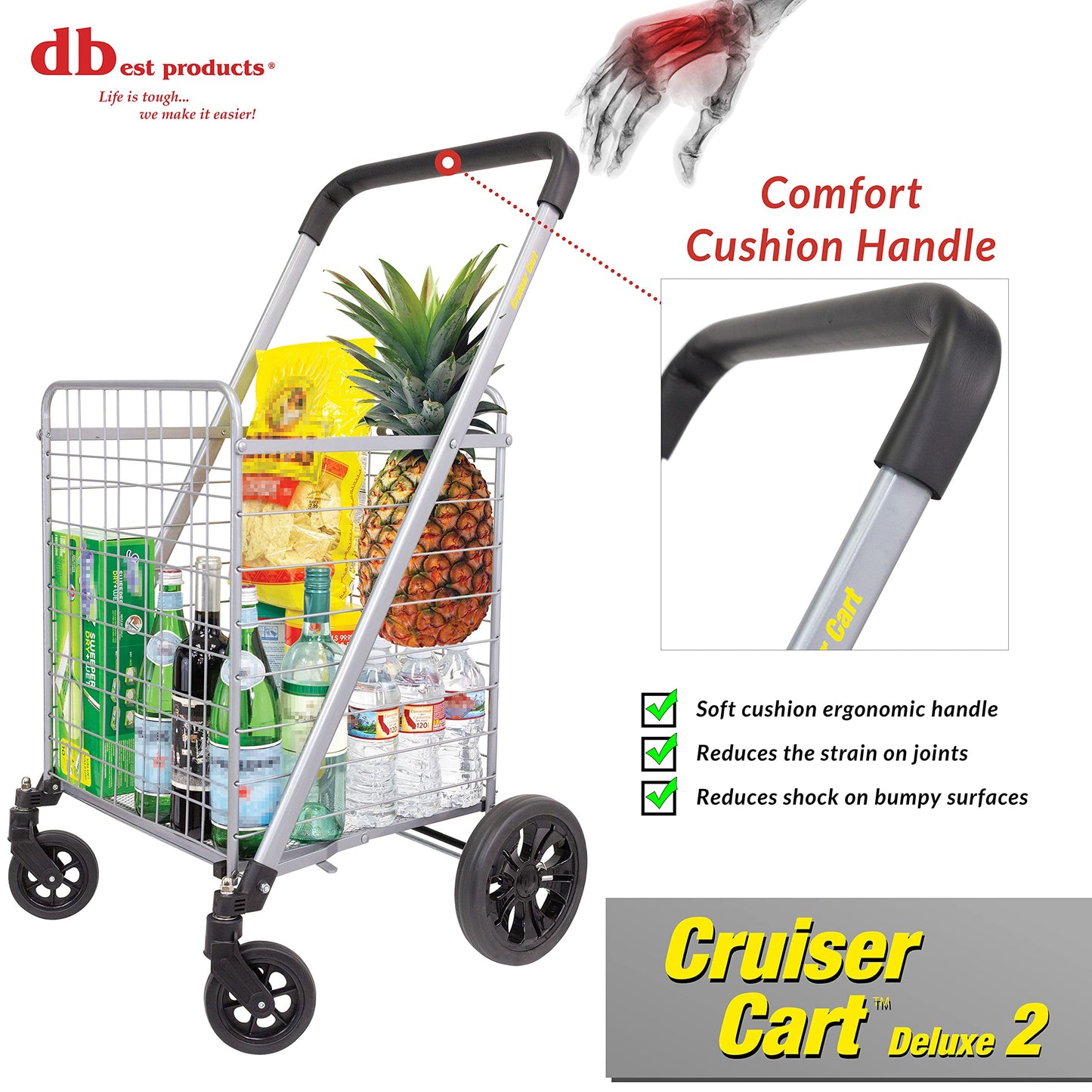 dbest Products Cruiser Cart Deluxe 2 Germ Guard Bundle Shopping Handle Grocery Rolling Folding Laundry Basket on Wheels Foldable Utility Trolley Compact Lightweight Collapsible
