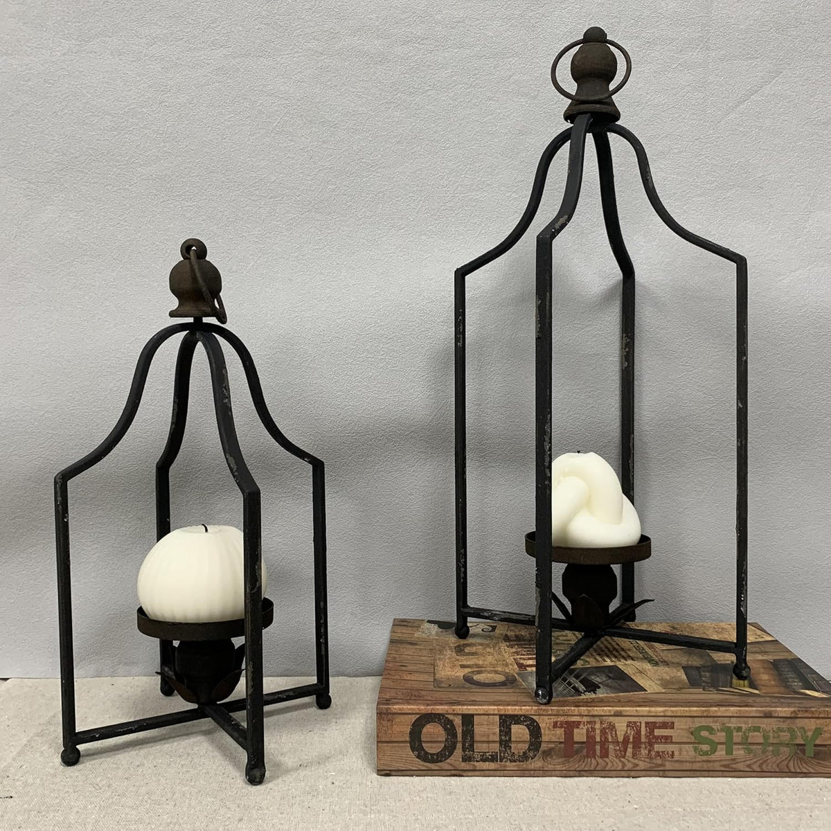 Large Tall Shabby Chic Lanterns Decorative Indoor Outdoor, Outside Gifts Front Porch Patio Vintage Metal Candle Holders, Fireplace Table Floor Farmhouse Rustic Decor Set of 2