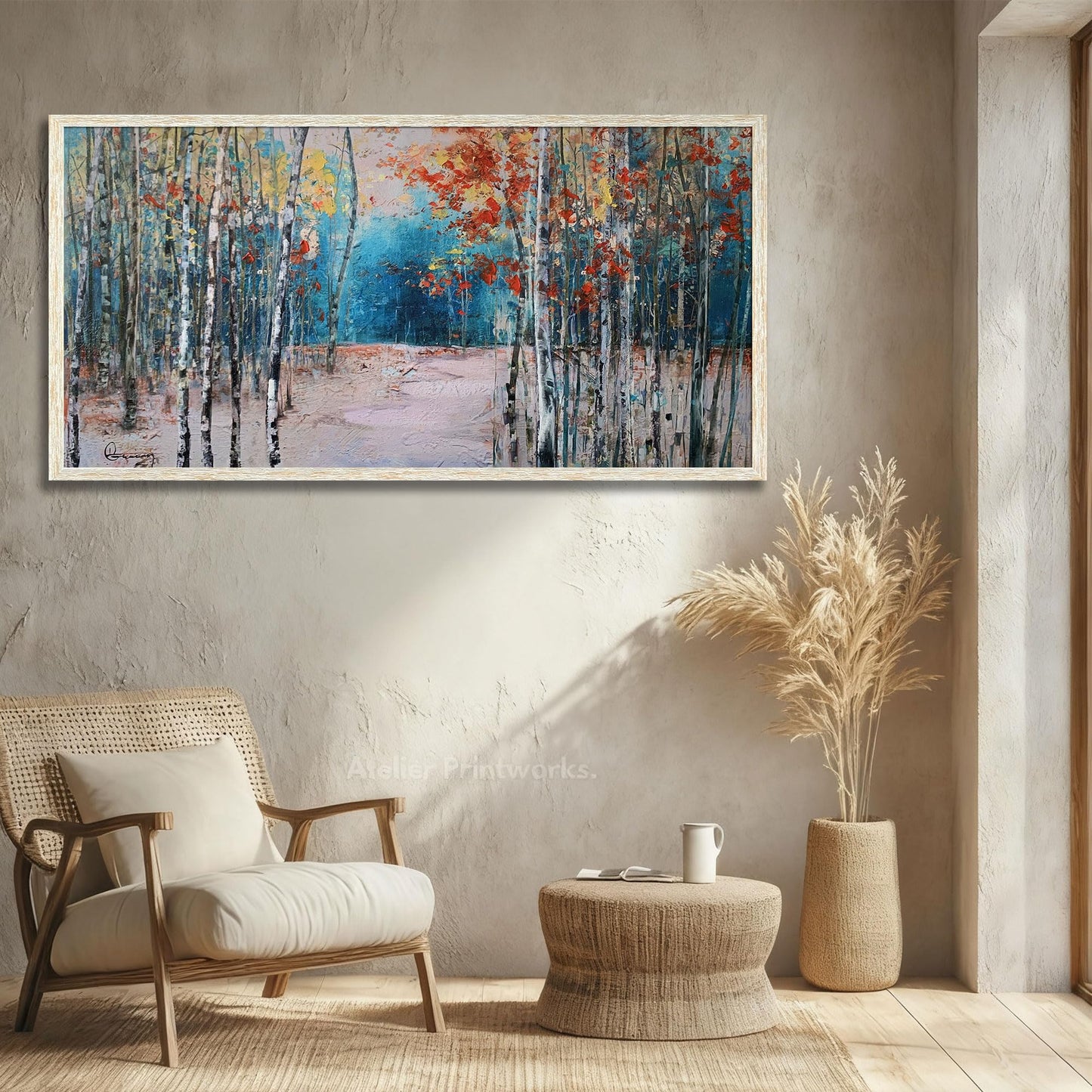 Ardemy Landscape Canvas Wall Art for Living Room Blue Forest Painting White Birch Tree Scenery Picture Modern Green Nature Artwork Bedroom Home Office Wall Decor, Large Size Wood Framed 48"x24"