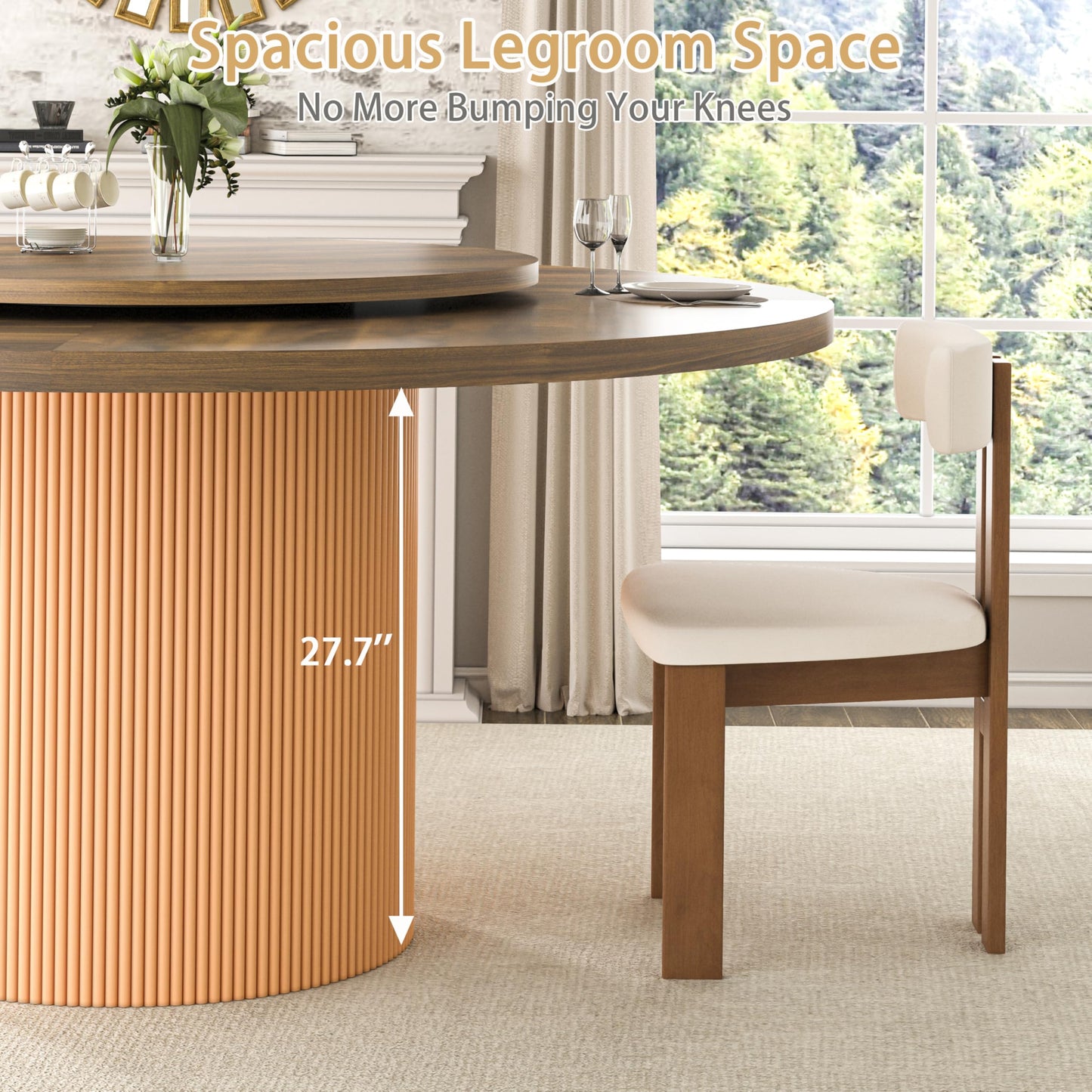 55 Inch Round Dining Table for 6 with Lazy Susan, Modern Farmhouse Kitchen Table with Wood Strip Base for Dining Living Room, Brown
