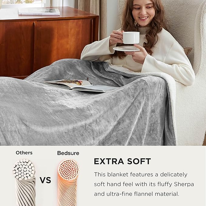 Bedsure Sherpa Fleece Oversized Cal King Blankets for Bed - Thick and Warm, Soft Fuzzy Plush Large Blanket for Winter, Light Grey, 112x98 Inches