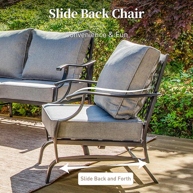 4 Piece Metal Outdoor Patio Furniture Set, Patio Conversation Set 1 3-seater Sofa, 2 Rocking Chair with 5.75" Extra Thick Cushion and Coffee Table, Black Frame Backyard Furniture, Gray