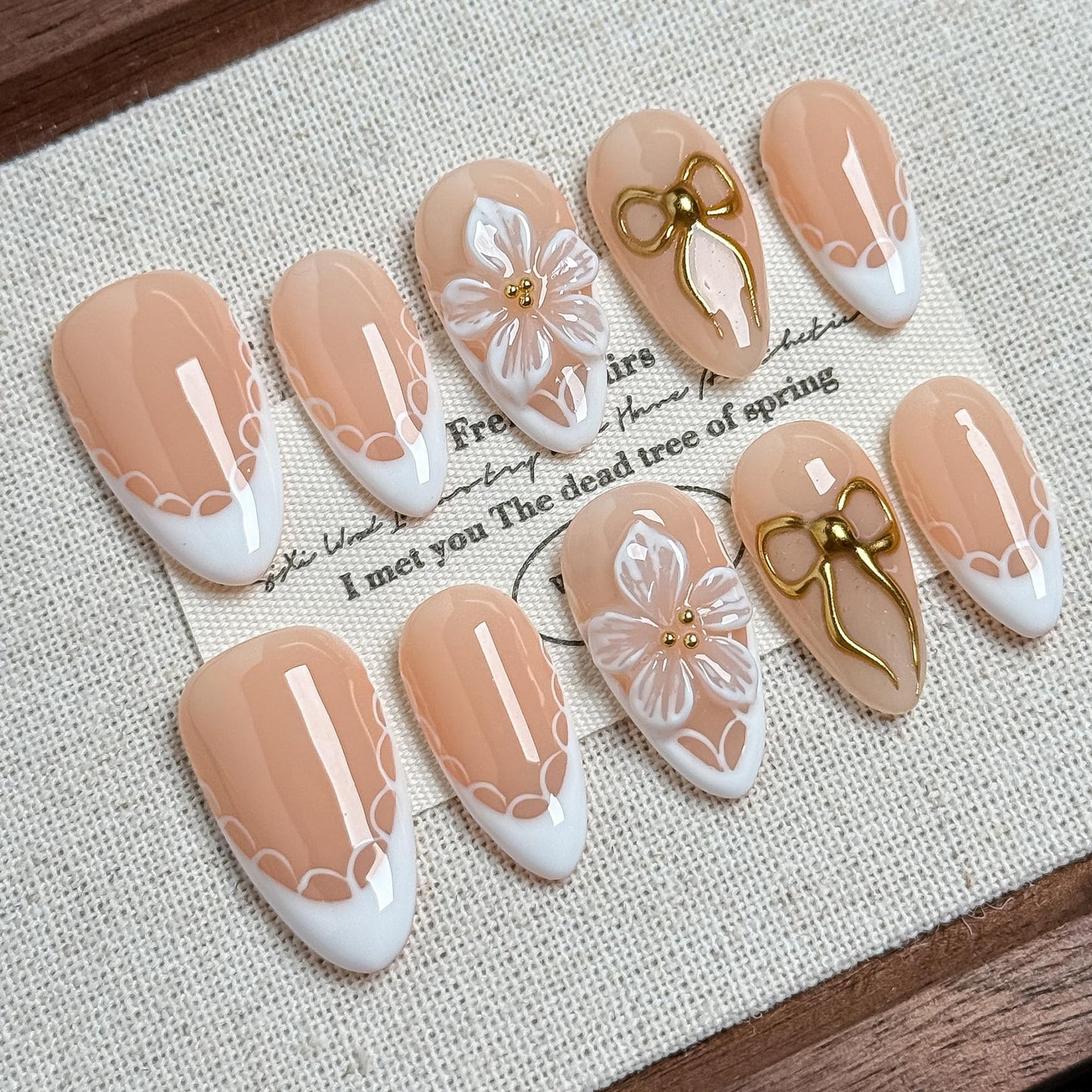 Blossom Bow Fake Nails Press on, 22mm Nude French Floral with Romantic Bow & Flower, Elegant Bridal Acrylic Nail Set for Women, Dates & Spring (Multicolor, S)