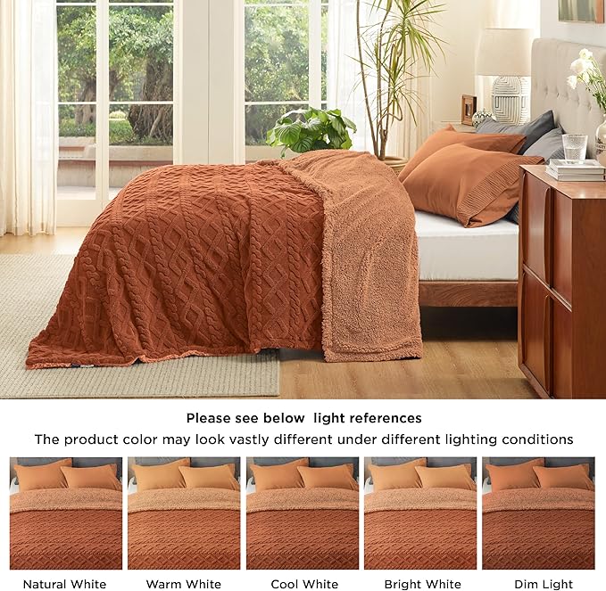 Bedsure Sherpa King Size Blanket for Bed- GentleSoft Fleece Fluffy & Cozy Cable Jacquard Tufted for Women Gift, Thick and Warm Blankets for Winter, Orange, 108x90 Inches