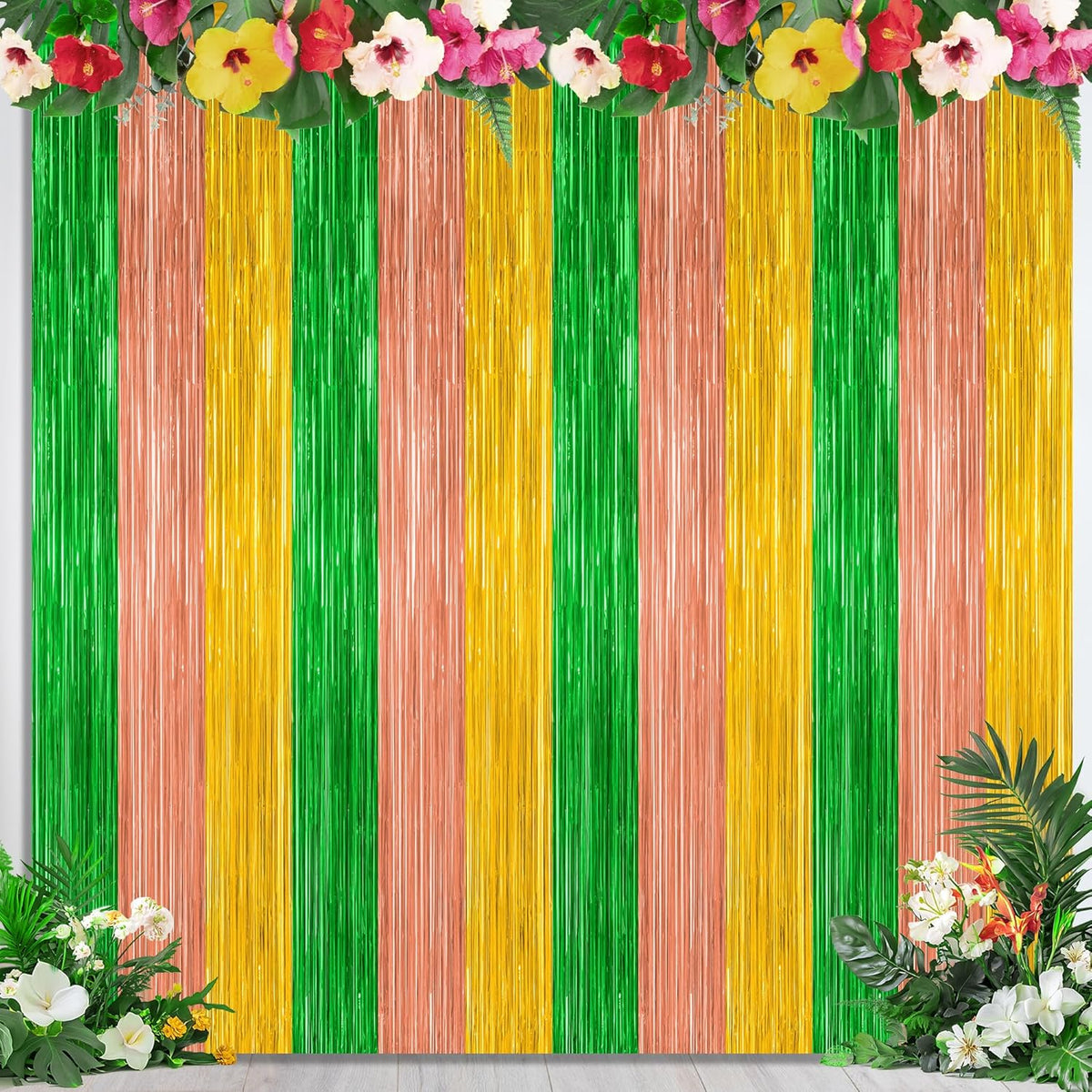 4 Pack Hawaiian Party Decorations, 3.28 FT x 7.05 FT Hawaii Tinsel Backdrop, Green Brown Yellow Foil Curtains Fringe Backdrop Party Streamer, Metallic Summer Decor Luau Party Decorations