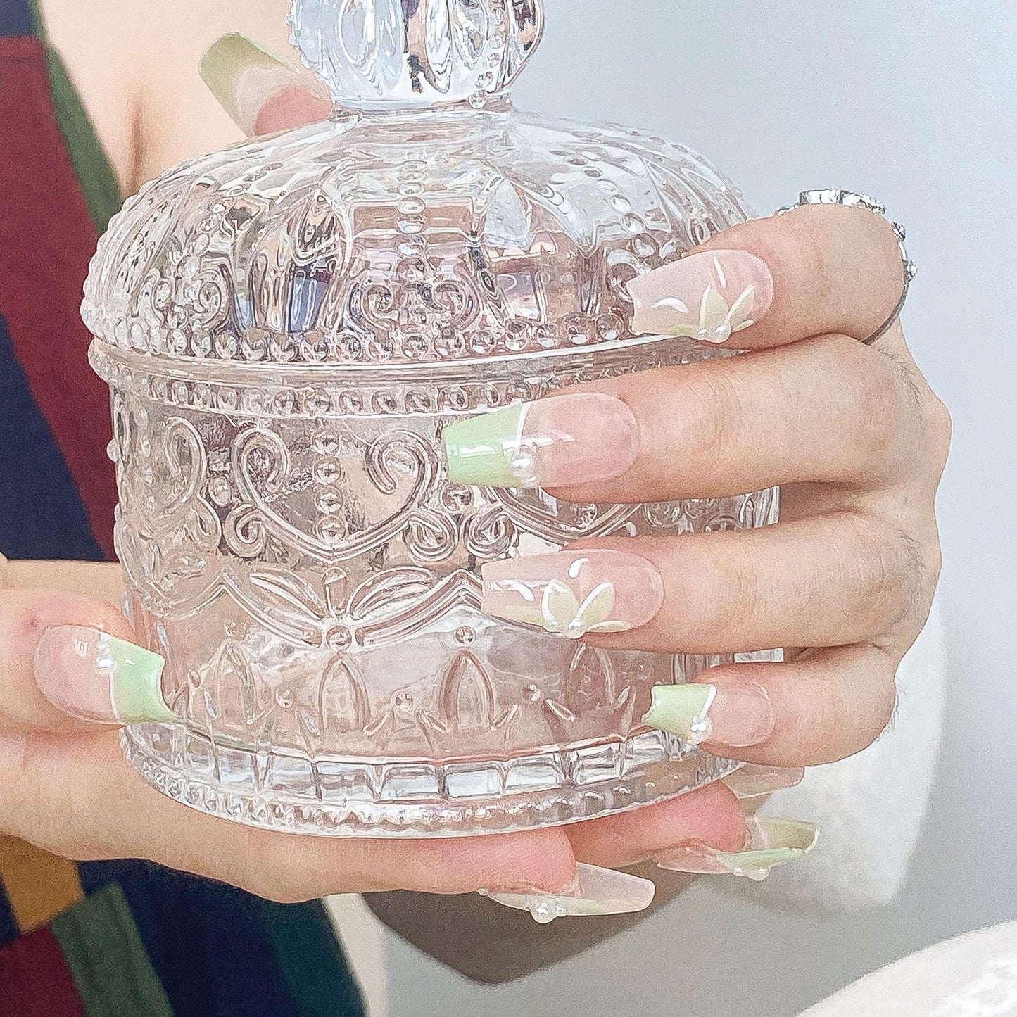GLORS Long Ballerina Press On Nails, Pearl-Decorated Pink and Green French Tips, Handmade False Nail 10 Pieces (Small,LB)