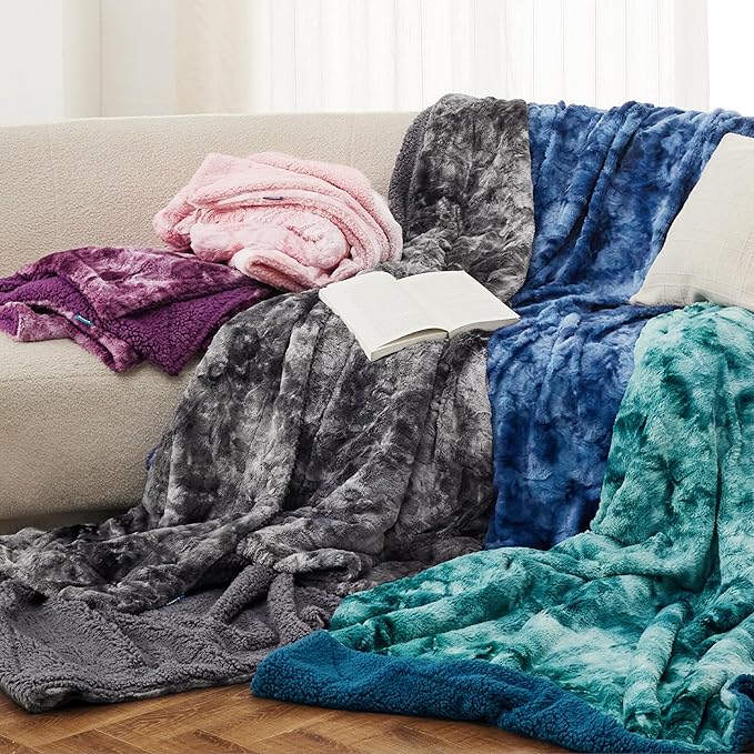 Bedsure Sherpa Fuzzy Throw Blanket - Soft, Warm and Cozy Throw for Women, Plush & Fluffy Faux Fur Blanket for Couch, Sofa and Bed Decor, Tie Dye Design, Grey, 50x60 Inches