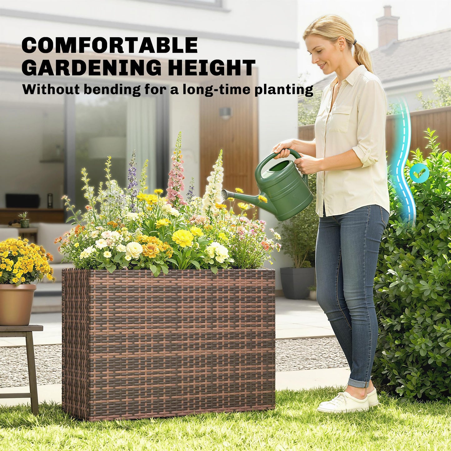 Outsunny Tall Rectangular Planter with Removable Liner, PE Wicker Large Planters for Outdoor Plants, Freestanding Indoor Outdoor Planter Box with Drainage Holes for Flowers, Vegetables, Brown