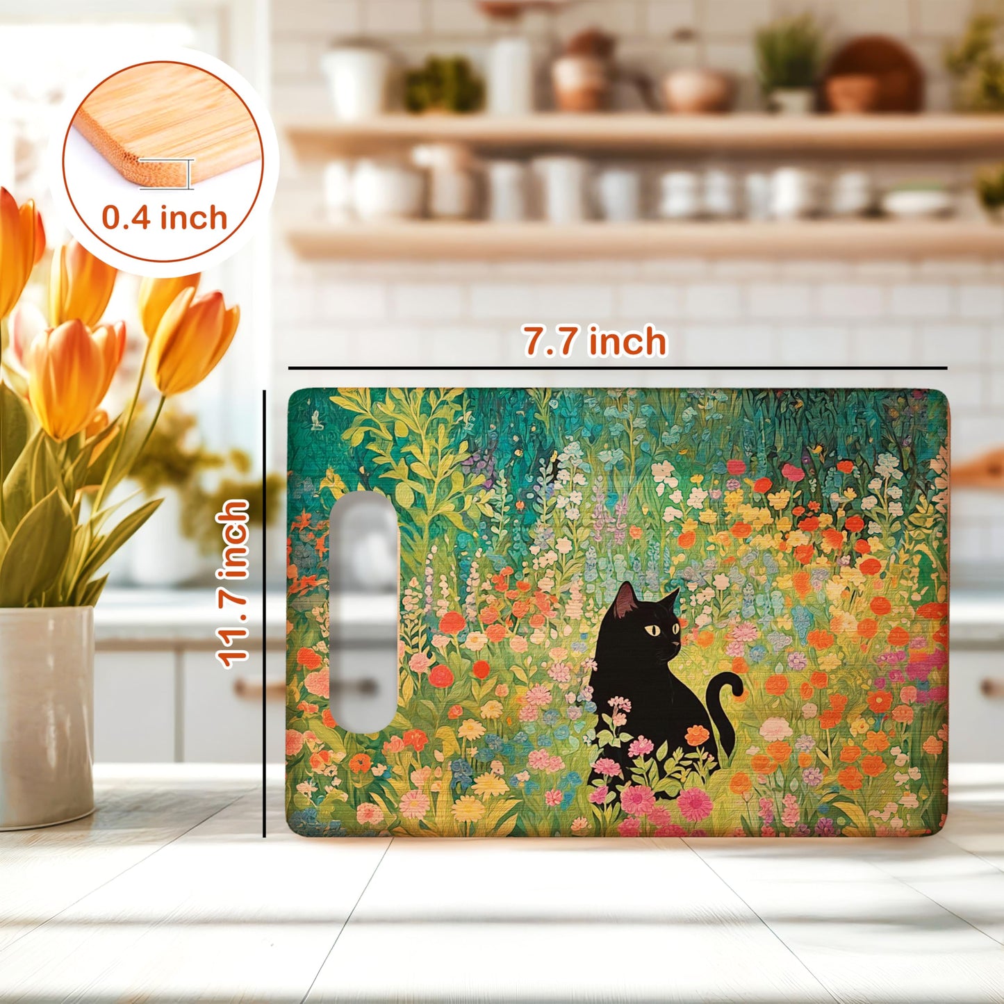 WARDOS Floral Black Cat Cutting Chopping Board, Cat Lovers Mom Lady Gifts, Wildflower Black Kitten Kitty Bamboo Cutting Boards for Spring Kitchen