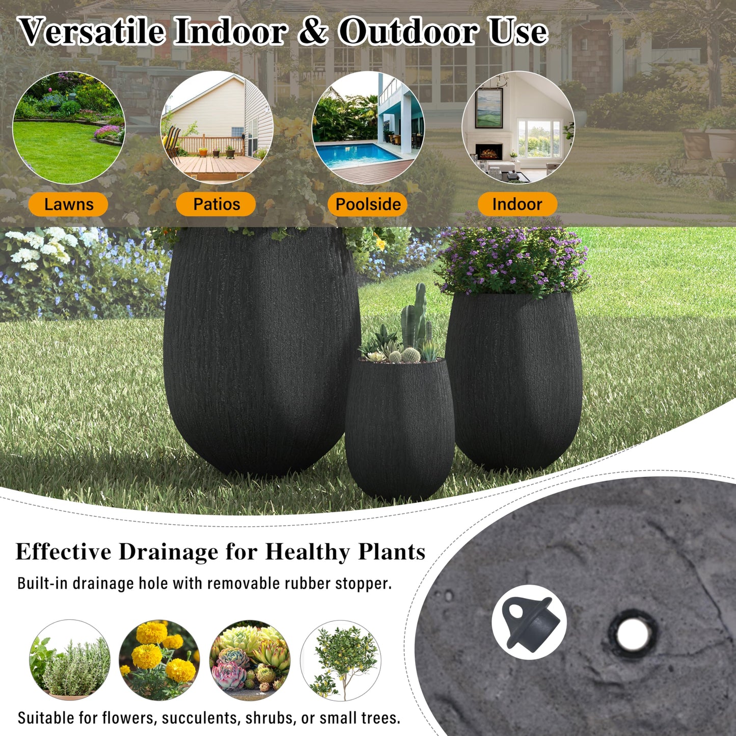 GDFStudio Lightweight MgO Egg-Shaped Planter Set of 3 Large Indoor Outdoor Plant Pots with Drainage Hole & Rubber Plug, Stone Texture Round Flower Pots for Patio Balcony Garden Lawn Poolside, Black