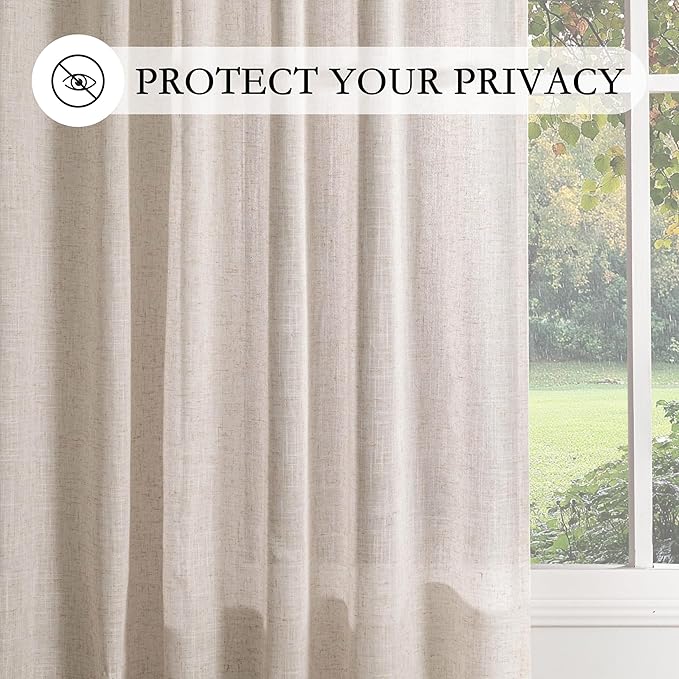 MYSKY HOME Natural Linen Sheer Curtains 63 Inch Length for Bedroom, Window Curtain Panels Light Filtering Privacy Drapes Set, Boho Farmhouse Style Texture Soft Touch, 50" x 63", Linen, 2 Panels