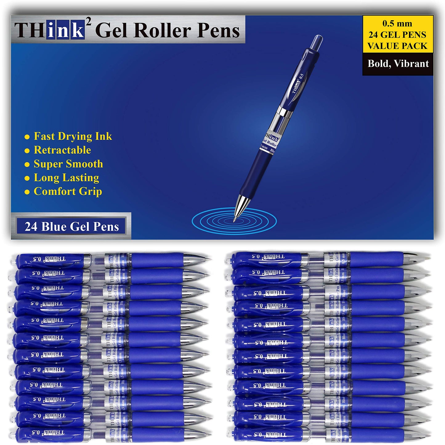 [24 Pens - Blue Ink] Think2 Retractable Gel Pens. (24 Blue) Fine Point (0.5mm) Rollerball Pens with Comfort Grip.