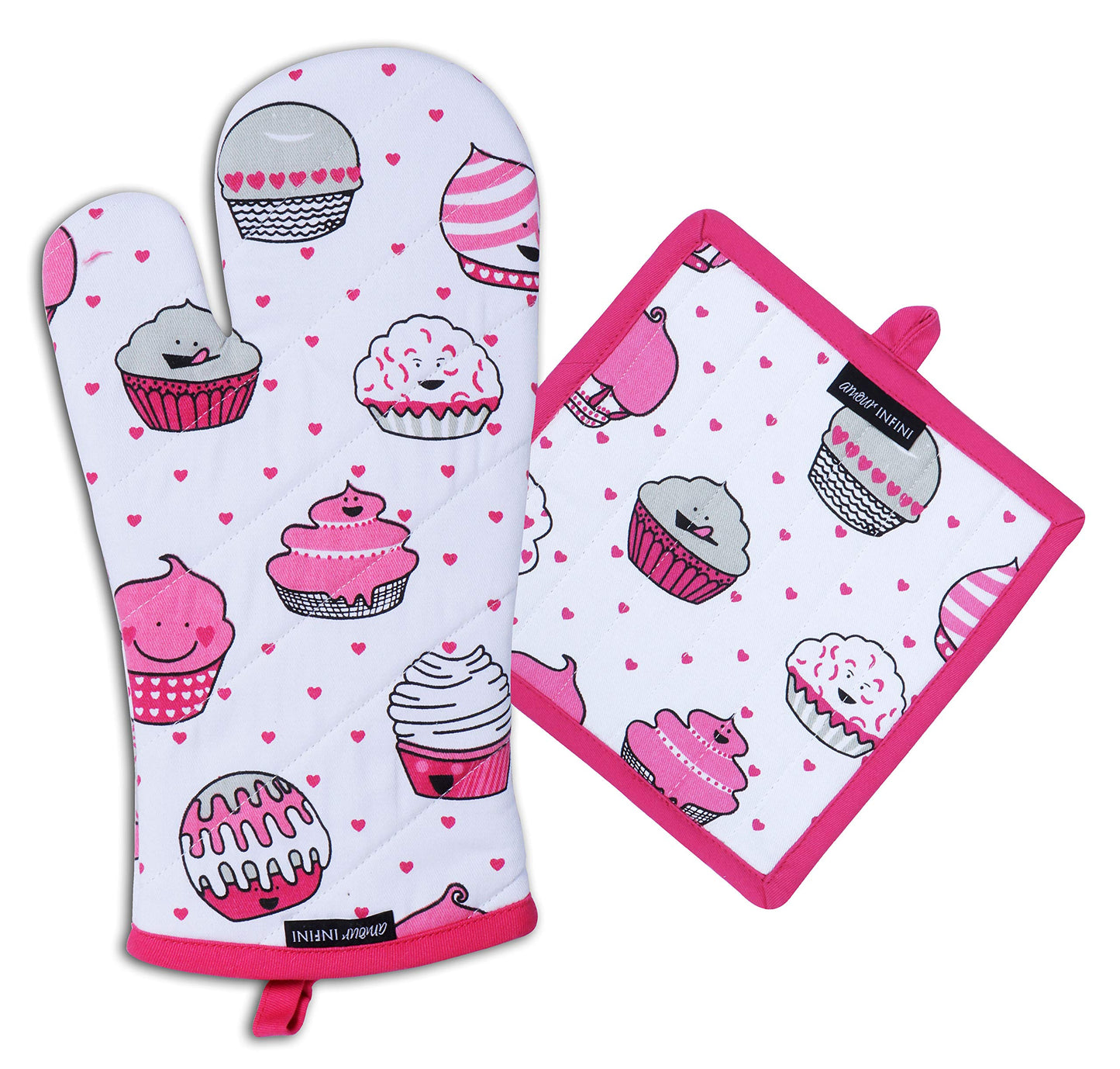AMOUR INFINI 5 Piece Set of Apron,2 Kitchen Towel,Oven Mitt and Pot Holder in a Valentine Cup Cakes Design Event Outdoor BBQ Baking Grilling Party Kitchen Decor