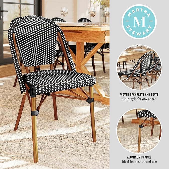 Martha Stewart Lily Pond Indoor-Outdoor Stackable Bistro Chairs with Natural Woodgrain Aluminum Frame Finish, Black/White Woven Rattan Backrests/Seats, Set of 2