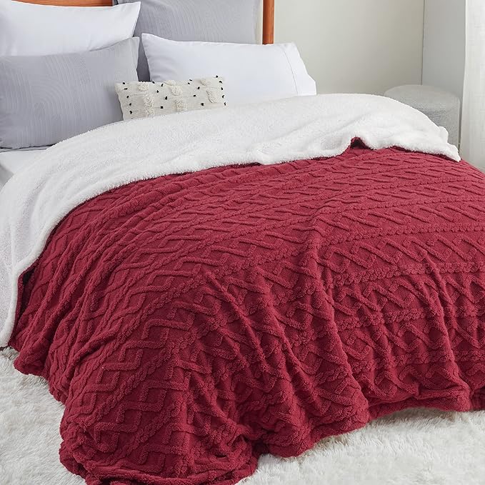Bedsure Sherpa Queen Size Blanket for Bed - GentleSoft Fleece Fluffy & Cozy Cable Jacquard Tufted for Women Gift, Thick and Warm Blankets for Winter, Red, 90x90 Inches