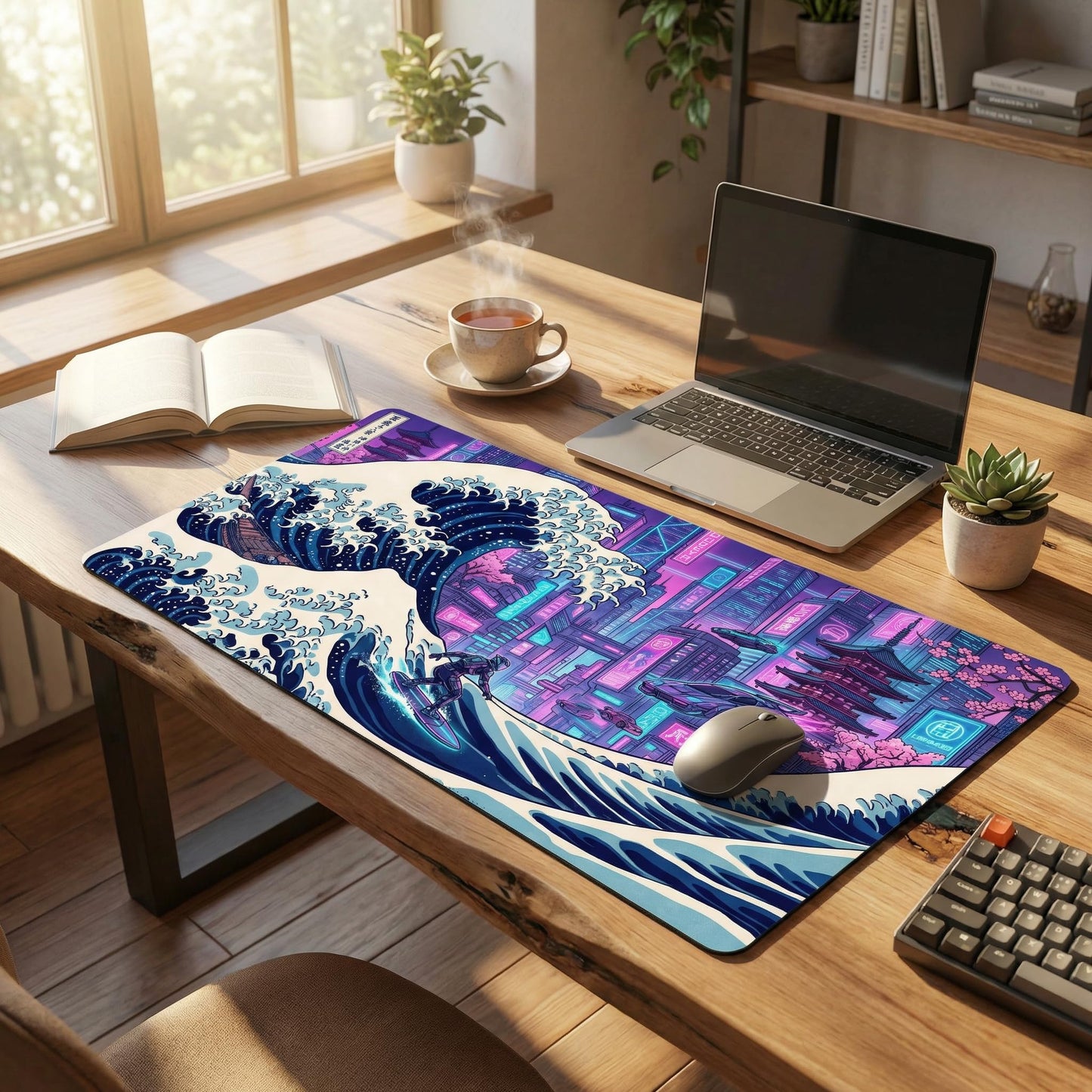 AQQA Cyberpunk Great Wave Gaming Mouse Pad - Japanese Aesthetic Large Desk Mat - XXL Extended Mousepad for Gamers, Neon Retro Wave City Art, Water-Resistant Non-Slip Rubber Base, 31.5"x15.7"