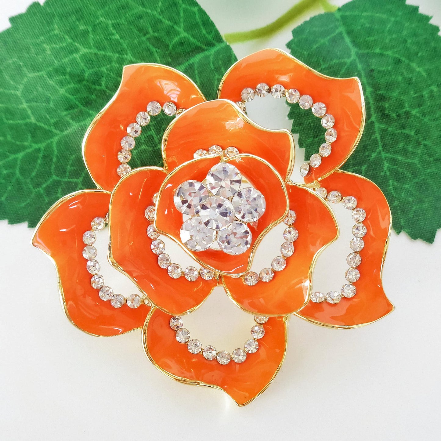 Navachi 18k Gold Plated Crystal Orange Enamel Rose Flower Az7194b Brooch pins