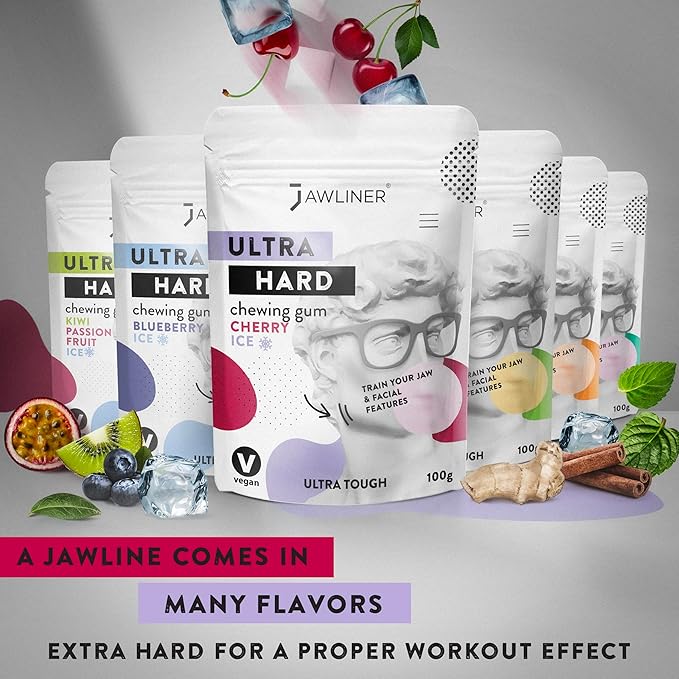 Jawliner® - Pioneers the Toughest Handmade 15x Harder Jawline Gum Includes 12 Weeks Coaching - Sugar-Free Cherry Ice Hard Gum - Jawline Exerciser Chewing Gum for Mewing & Shaping Jaw (2 Months Pack)