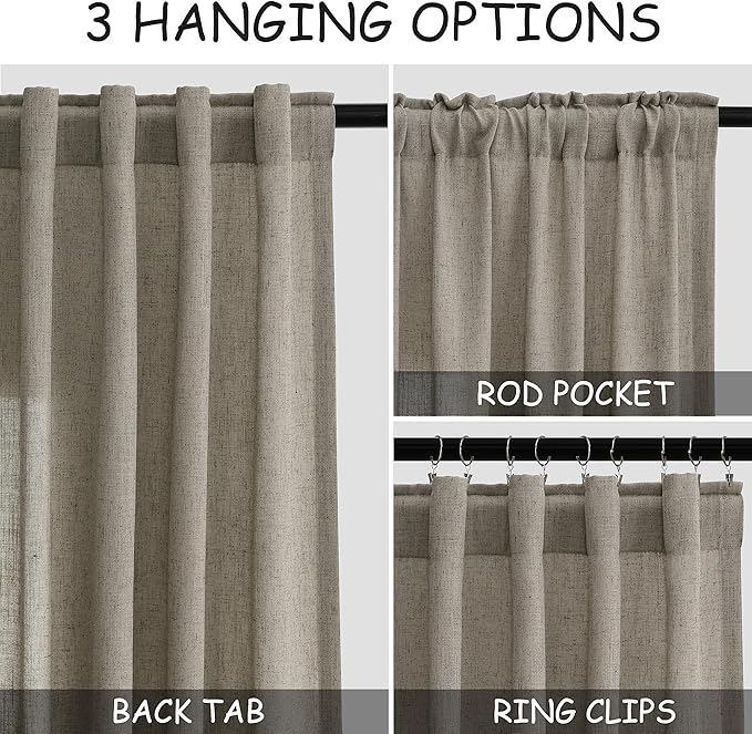 Mocha Linen Curtains 120 Inch Extra Long for Living Room Back Tab Light Filtering Semi Sheer Drapes Modern Farmhouse Boho Decor Cotton Textured Curtain for Floor to Ceiling High Window 52x120
