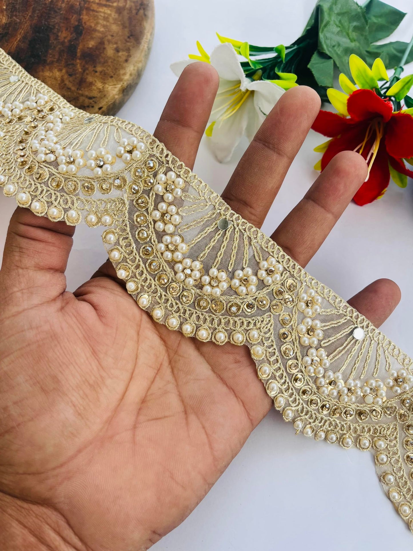 Soft Gold Scallop Lace Trim with Pearl and Rhinestone Embellishment, 2.25 Inch Wide, Available in 1, 3 and 6 Yard (1)