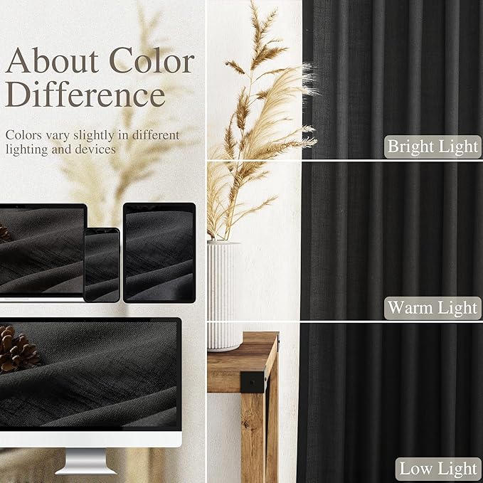 Solid Black Curtains 96 Inches Long 2 Panel Set Back Tab Sheer Black Linen Curtain Modern Farmhouse Muslin Look Cotton Textured Gauze Curtains 96 inch Length for Patio Sliding Door Office Bedroom