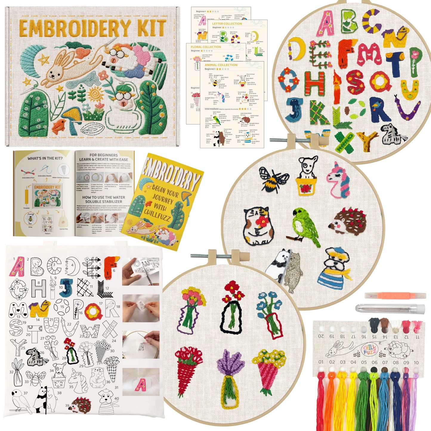 Complete Embroidery Kit for Beginners & Adults with Printed Water-Soluble Patterns, Threads, Fabric, Tools & Video Tutorials, Easy DIY Craft Kit for Learning Stitches, Accessories & Handmade Gifts