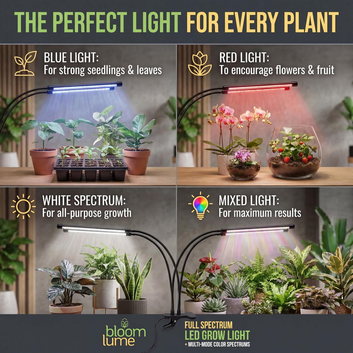 Bloom Lume LED Grow Lights for Indoor Plants Full Spectrum - Features Multi Mode Color Spectrums, Dimmable, Auto Timer, Clip on Goosneck Plant Lamp