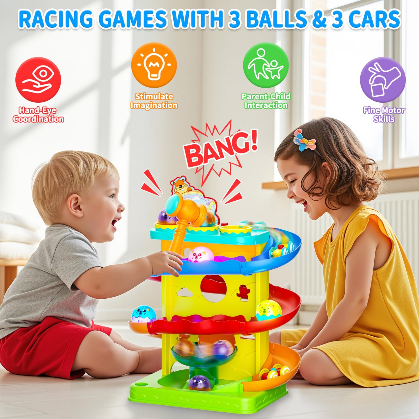 Funwee 2-in-1 Rolling Ball & Racing Car Ramp Toy for Toddlers, Race Track Hammer Lights Ball Drop, Interactive Montessori Learning Game Birthday Gift Idea for Kids 1 2 3 4 5+Year Old Girl Boy(Yellow)
