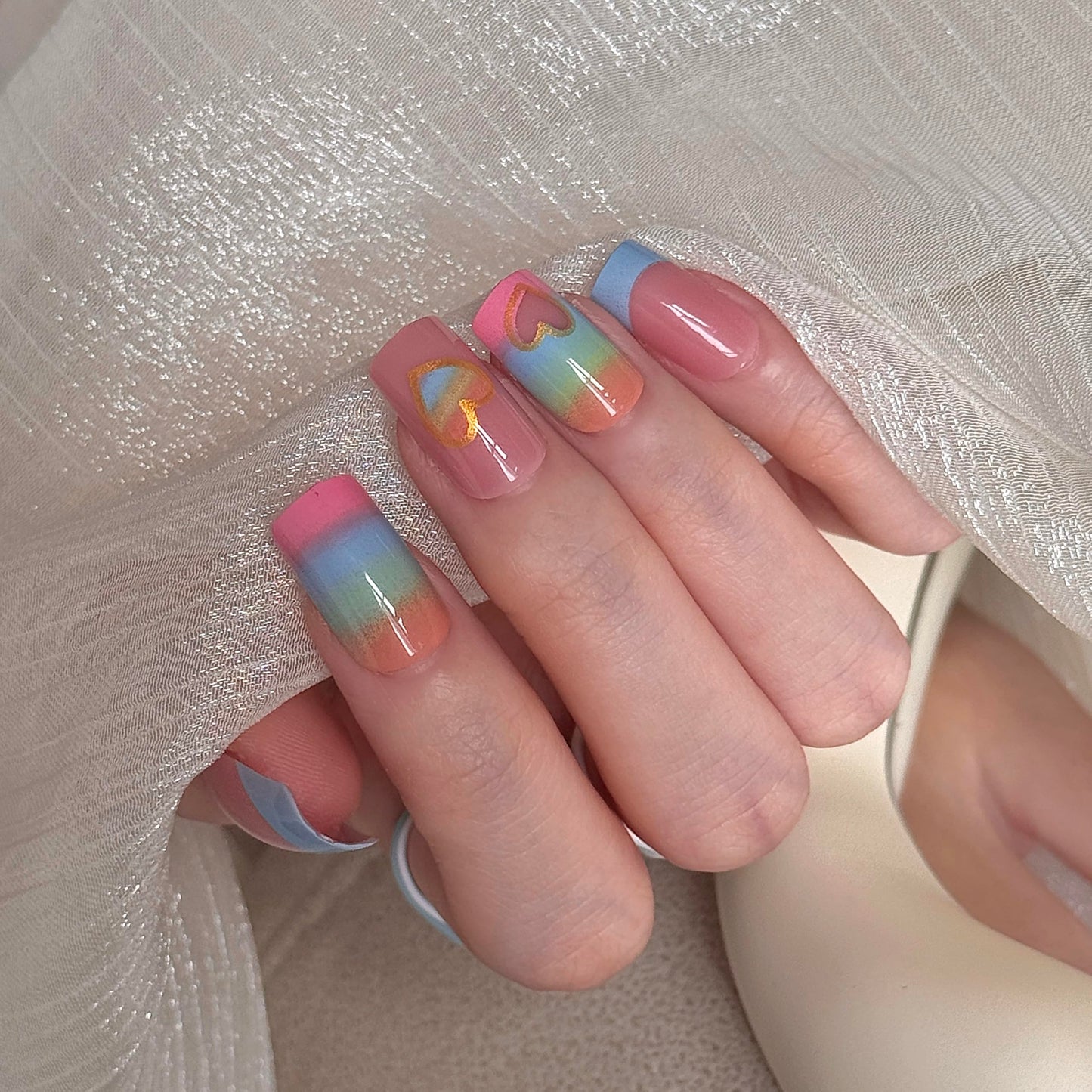 24 Pcs Rainbow Coffin Press on Nails - Colorful French Tip Acrylic Nails with Hollow Heart Design