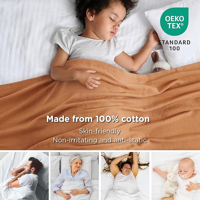 Bedsure 100% Cotton Blanket King Size for Bed - Breathable and Lightweight, Soft Cozy Textured Herringbone Woven Blanket for Summer Spring, Burnt Orange, 108x90 inches